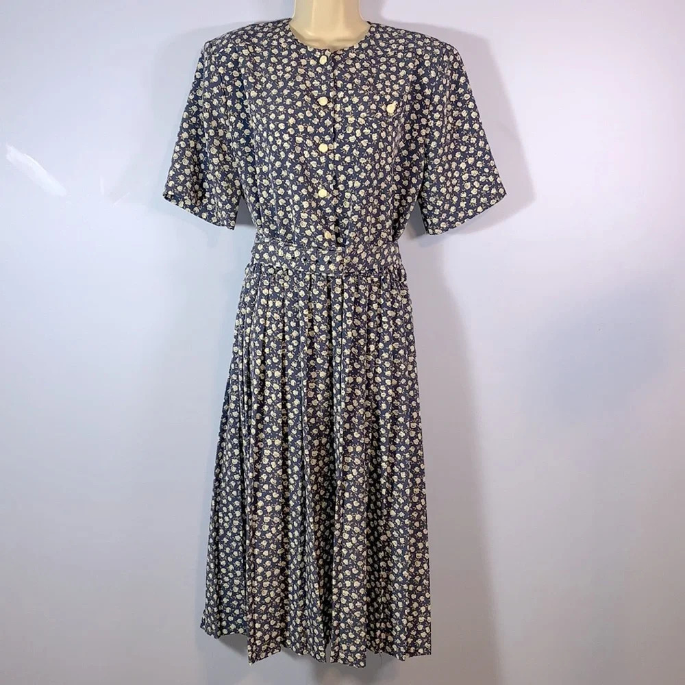ORVIS true vintage blue midi dress white roses rose buttons size large made USA